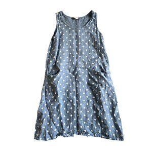 Kaktus women M Blue Polka Dot Linen Sleeveless Casual Dress Button Back /Pockets